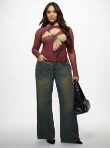 MISSGUIDED PLUS Cộng Với Kích Thướ Bướm In Áo Dài Tay Trang Bị Hàng Đầu Thời Trang Mùa Thu Mùa Xuân Trang Phục Thường Ngày Mỏng Vừa Vặn Tuyên Bố Đồ Họa Áo Phông Màu Đỏ Tía Hiện Đại - Rỉ Nâu - Xem 4