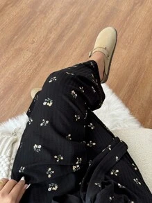SHEIN Essnce 大码女式碎花系腰阔腿宽松休闲裤 - 黑色 - 查看 5