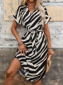 SHEIN LUNE Women's Notched Collar Striped Printed Belted Short Sleeve Dress For Summer Maxi Women Outfit - Multicolor - View 1