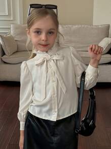 Easowa Young Girl Frenchy Casual Versatile Woven Solid Color Bow Turndown Collar Long Sleeve Fitted White Shirt, Back To School, Back To School, Summer Tops, Young Girl Clothes, Babydoll Top, White Top, White Shirt, Long Sleeve Tops, Cute Tops, Back To School Season, Mom And Daughter & Sisters Matching. - Apricot - View 3