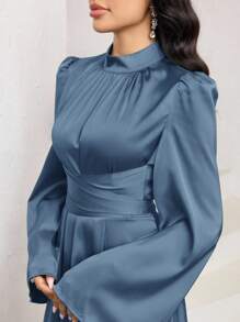 Veilorie Đầm Ả Rập thanh lịch cổ đứng tay phồng màu trơn cho nữ - Màu xanh lam - Xem 5