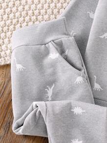 SHEIN Vintaside Kids 幼儿男童两件套灰色恐龙印花圆领长袖运动衫和裤子，秋冬休闲装 - 灰色 - 查看 4