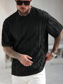 Manfinity RSRT 男士针织纹理提花圆领短袖休闲T恤 - 黑色 - 查看 3