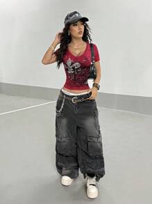 StreetHx 女式勃艮第酒红色仿旧哥特式印花修身舒适朋克 Y2K Baddie Preppy 返校街头风圆领短袖 T 恤 - 酒紅色 - 查看 8