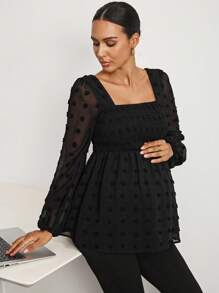 MaterniWear Office,Business Casual Woman,Fall Clothes,Autumn Clothes,Maternity Autumn Clothes Maternity Maternity Square Neck Lantern Sleeve Gathered Design Fashion Blouse Black Babydoll Top Square Neck Blouse Puff Sleeve Blouse Swiss Dot Blouse Maternity Blouse Black Swiss Dot Top Black Babydoll Blouse - Black - View 3