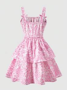 少女法式复古细肩带修身双荷叶边下摆连衣裙，适合度假、派对、春季、假日、夏季、旅行 - 彩色 - 查看 7