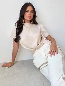 Firerie 女士优雅端庄精致浪漫通勤日常度假褶皱不对称短袖府绸修身衬衫，夏季 - 杏色 - 查看 4