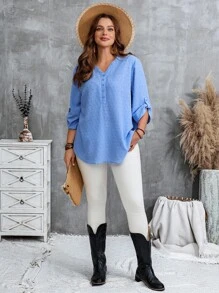 EMERY ROSE Áo sơ mi nữ cỡ lớn màu trơn tay xắn cài nút dáng rộng thoải mái màu xanh nhạt cổ chữ V, áo kiểu nữ màu xanh nhạt, áo cỡ lớn mùa thu, áo mùa thu, áo cỡ lớn dành cho giáo viên, áo đi chơi, áo công sở thường ngày cho nữ có đường cong, áo cơ bản, áo sơ mi cài nút nữ, áo mùa xuân/hè/nghỉ lễ. - Màu xanh lam - Xem 4