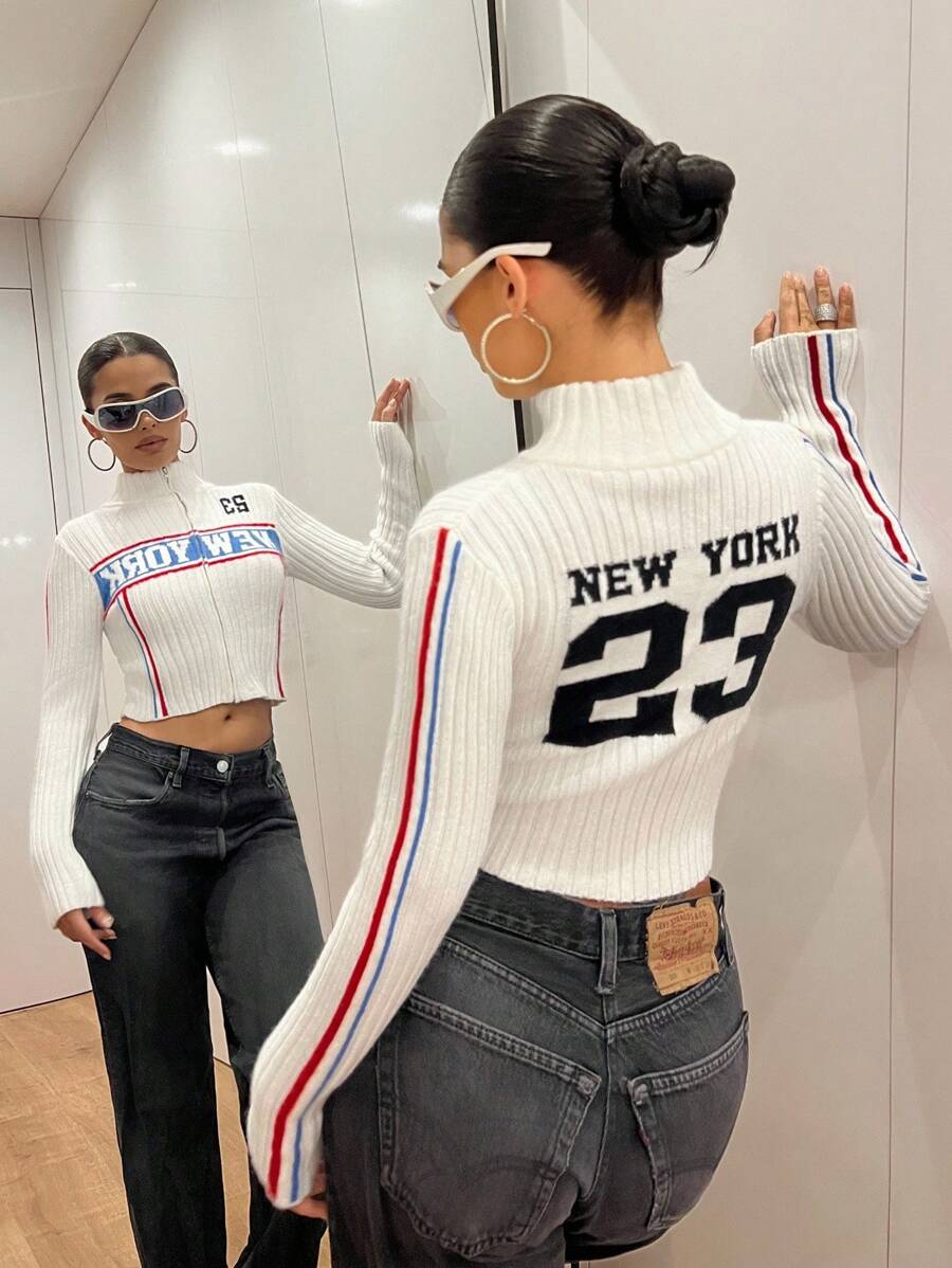 SHEIN ICON 女士字母图案立领短款拉链毛衣 Y2K 露脐上衣 白色露脐上衣 纽约风上衣 Y2K 上衣 拉链露脐上衣 秋季女装 - 彩色 - 查看 1