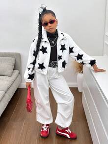 SHEIN Tween Girl Thick Fleece Star Print Cardigan Jacket, Heart Print Crew Neck, Casual Autumn/Winter Fall - White - View 3