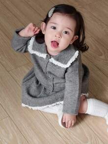 DAZY 2pcs Baby Girls' Lace Patchwork Collared Long Sleeve Cardigan And Pleated Skirt Knit Sweater Set Fall,Winter