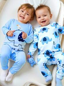 SHEIN Persoplay Kids 2pcs Toddler Infant Baby Boys Cute Elephant Print Round Neck Open Shoulder Long Sleeve Jumpsuit & Pants Set, Children Clothing, Baby Outfit, Suitable For Casual, Party, Sports Wear In Autumn/Winter