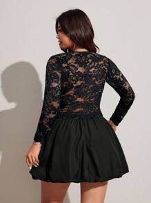 Viva Relle Vestido sexy de manga larga con cuello en V profundo, fruncido y con encaje en contraste para mujer de talla grande - Negro - Ver 6