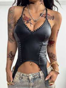 Coolane Women's Fall/All-Season Festival Hippie Punk Country Concert Streetwear Grunge Y2K Stretchy Slim Fit Rivet Halter Top - Black - View 4