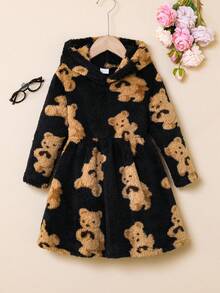 SHEIN Young Girl Winter Furry Bear Print Hooded Dress Girls Bear Dress Girls Teddy Bear Dress Girls Winter Dress Girls Fleece Dress Teddy Bear Fleece Dress Fall