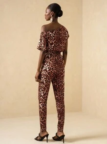 Lyxana Women's Fashionable Leopard Print Asymmetric Shoulder Jumpsuit, Summer - Multicolor - View 2