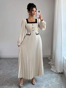 SHEIN Clasi فستان أنيق للنساء بأكمام منتفخة وياقة مربعة وتصميم ألوان متباينة وكشكشة على الهيم، مناسب للارتداء اليومي، وحفلات الشاي بعد الظهر، والحفلات، وعيد الشكر، والعودة إلى المدرسة، ومهرجان الموسيقى الريفية، والملابس الرسمية الكاجوال، وليلة المواعدة، وعيد الميلاد، وغداء السيدات، والملابس الغربية، والملابس الرسمية الكاجوال، وملابس الخريف للنساء - لون مشمشي - مشاهدة 5