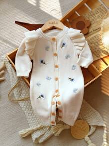 SHEIN Vintaside Kids 婴儿女童长袖连体衣，带有 3D 花朵装饰，适合家庭聚会、万圣节、新年、感恩节、圣诞节 - 米色 - 查看 7