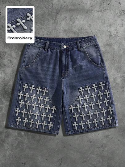 Goth Short en jean décontracté ample avec poche et impression de croix pour hommes