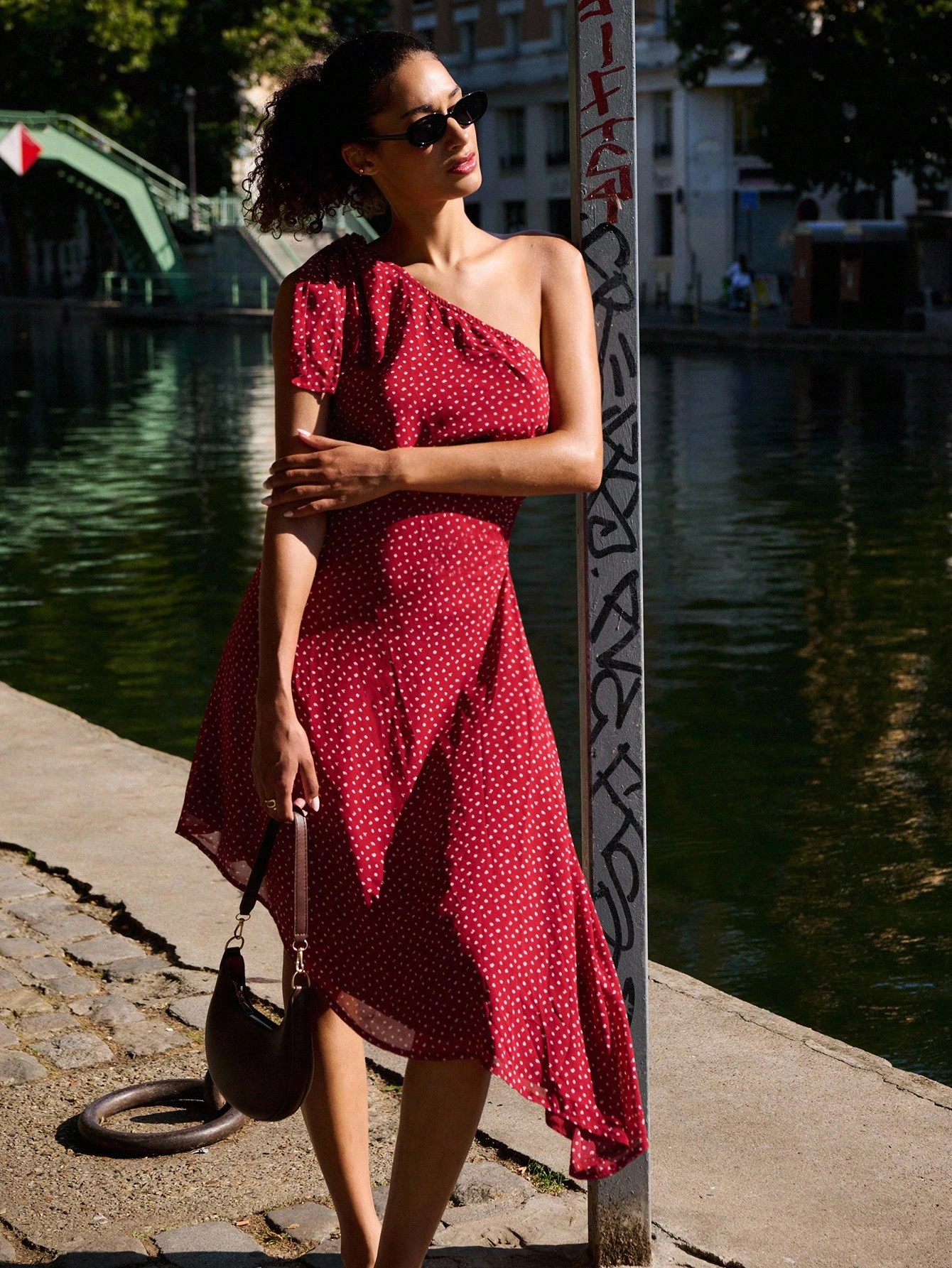 Red One-Shoulder Polka Dot Midi Dress With Tie Detail And Asymmetric Hem Wedding Guest Dress Going Out Dress Date Night Dress Spring Summer  Outfits New Year Dress
