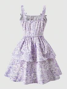 Teen Girl French Vintage Spaghetti Strap Fitted Double Ruffle Hem Dress, Suitable For Vacation, Parties, For Spring,Holiday,Summer,Travel - Multicolor - View 8