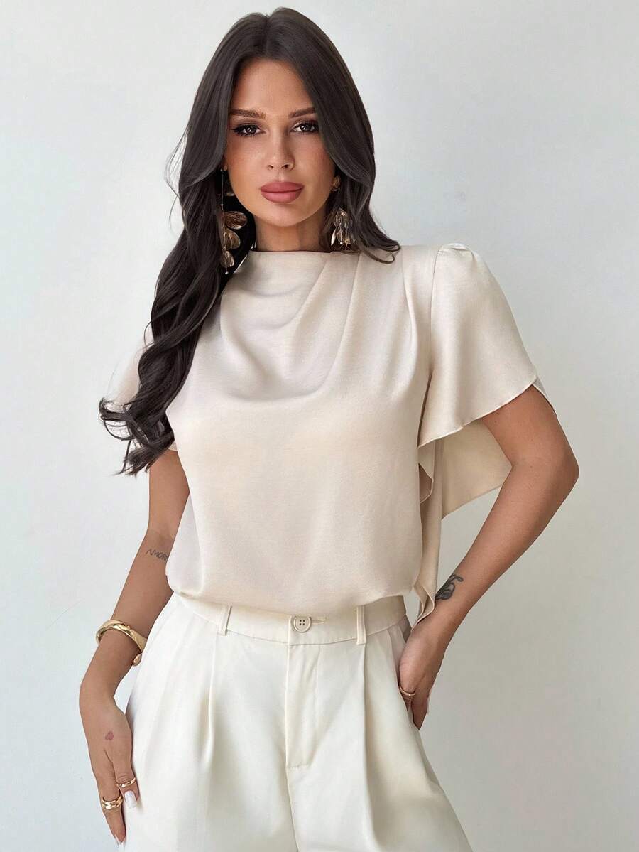 Firerie Women's Elegant, Dignified, Exquisite, Romantic Commuting Daily Vacation Pleated Asymmetric Short Sleeve Poplin Fitted Shirt, Summer - Apricot - View 1