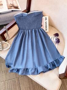 GlowEve Denim Effect V-Neck Ruffle Hem Elegant Women Short Dress