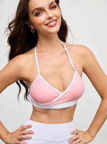 SHEIN Sports Women's Contrast Trim Halter Neck Daily Fitness Sports Bra , Backless Top - Yellow - View 2