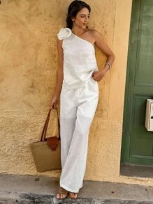 Selianne 2pcs/Set Women's Bohemian Style Linen Vacation Outfit - White - View 3