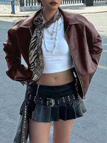 INAWLY 女士棕色摩托车夹克，休闲宽松长袖秋冬皮大衣