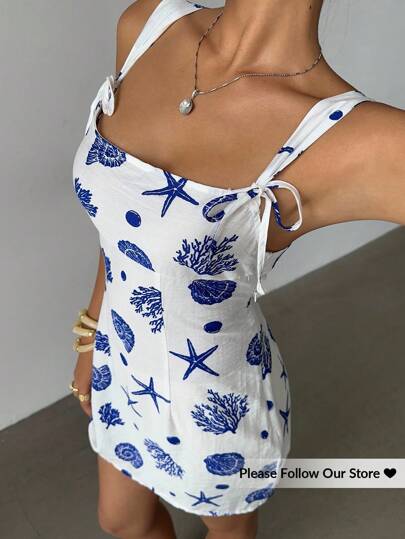 Aloruh Women's Summer Elegant Daily Fashion Simple Casual Commuting Music Festival Concert Y2K Ocean Element Print Cute Dress Island Beach Vacation White Blue Print Dress Young Girl Short Dress Allover Print Mini Casual Dress, Vacation Style