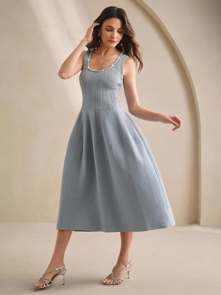Grey-Blue Knit Rhinestone U-Neck Elegant Fitted Sleeveless Dress For Women
