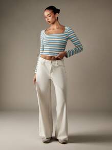 MISSGUIDED Square Neck Long Sleeve Striped Crop Top Fitted Ribbed Women Spring Summer Fall Casual Form-Fitting Soft Day Wear - Multicolor - View 5