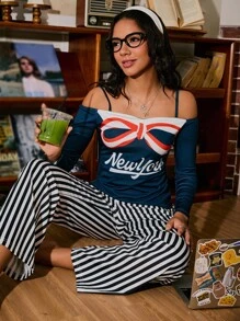 Retro amerikanischer Stil Schleife, englischer Muster, gestreifter Kontrastfarben Lässig INS Pyjama Set für Frauen - Verschiedenfarbig - Übersicht 5