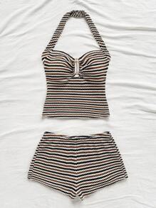 Soleia Set de top halter y shorts con patrón de rayas para mujer, 2 piezas - Multicolor - Ver 4