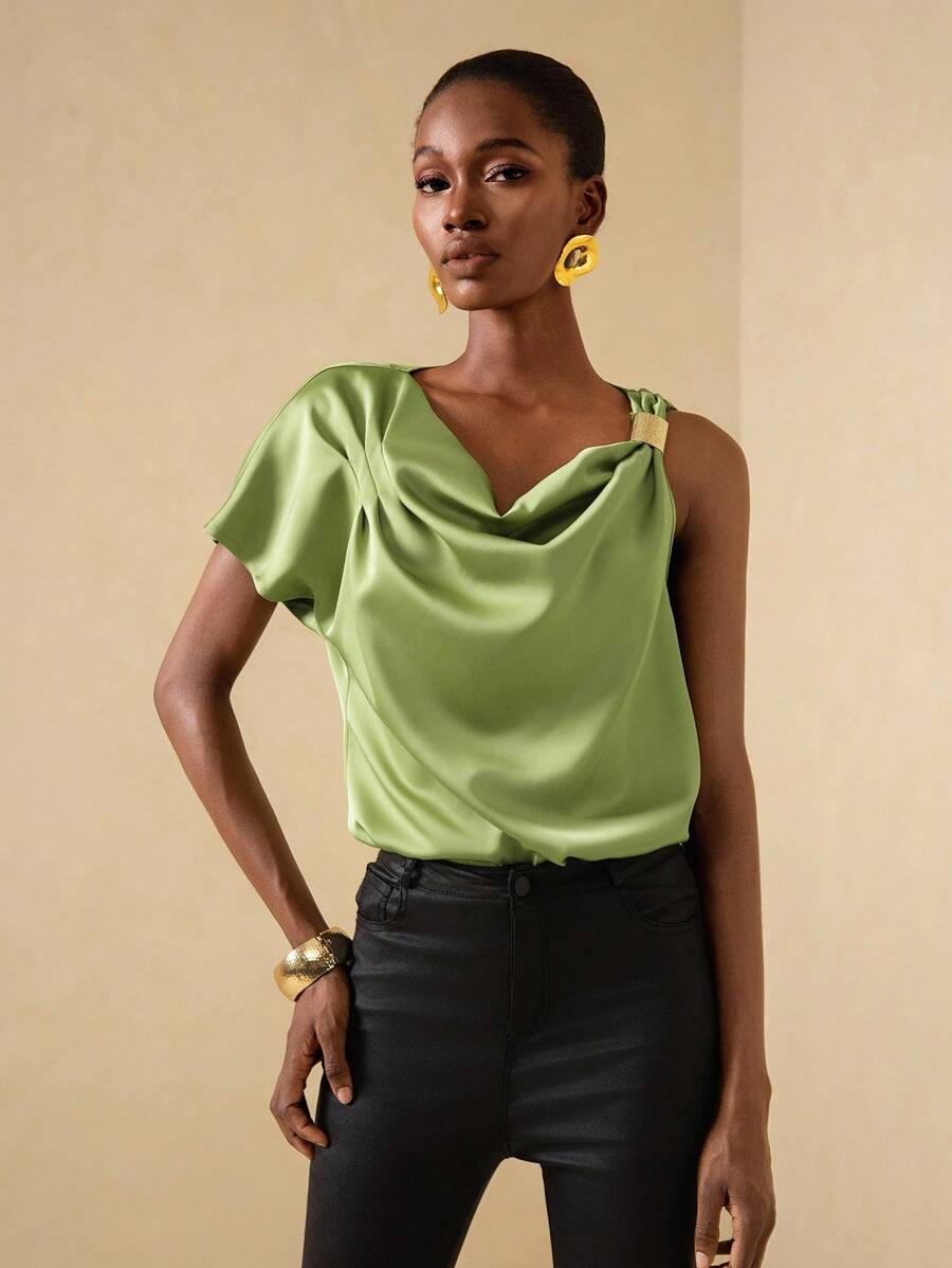 Vesra Blusa de satén con decoración de hebilla metálica asimétrica para mujer - Verde - Ver 1