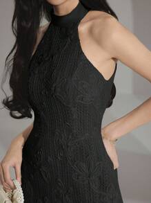 Heiryn 女士时尚优雅浪漫露肩不对称荷叶边下摆中长连衣裙 - 黑色 - 查看 2