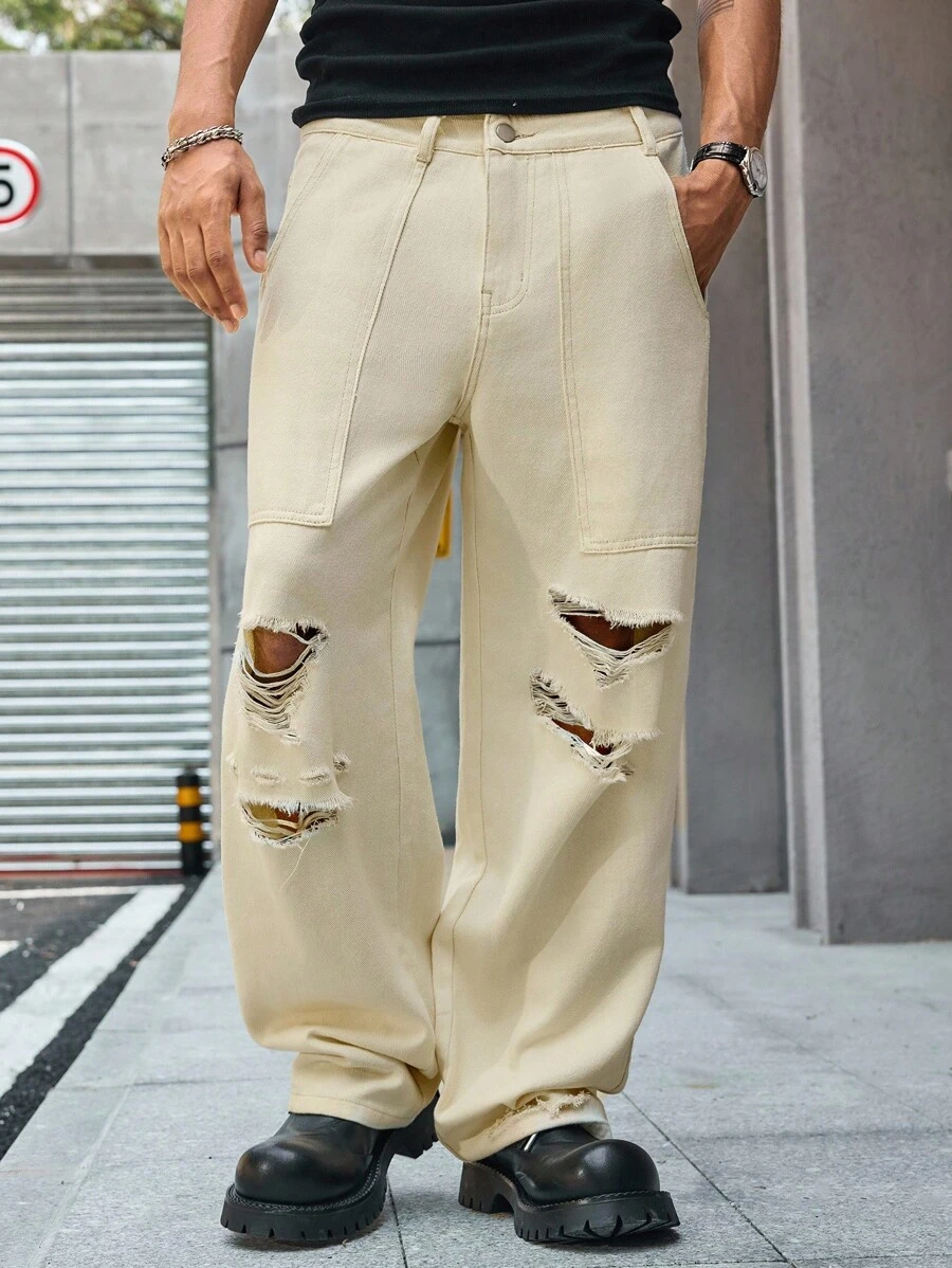 Manfinity LEGND Men's Casual Ripped Khaki Wide Leg Jeans, Suitable For Outdoor Activities And All Seasons - Apricot - View 1