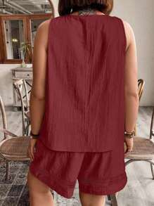 Plus Size Solid Color Hollow Out Sleeveless Top And Shorts Summer Vacation Casual Set