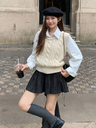DAZY 女式纯色圆领无袖镂空麻花针织毛衣背心秋冬款