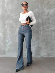 SHEIN Tall 98%Cotton Zip Front Skinny Flare Jeans TALL - Light Wash - View 6