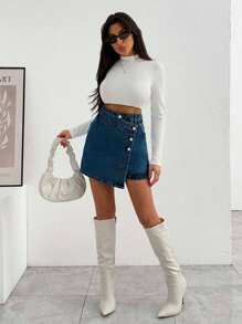 EURMUSE WOMEN MINI SKIRT MEDIUM WASH BUTTON DETAIL - Teal Blue - View 5