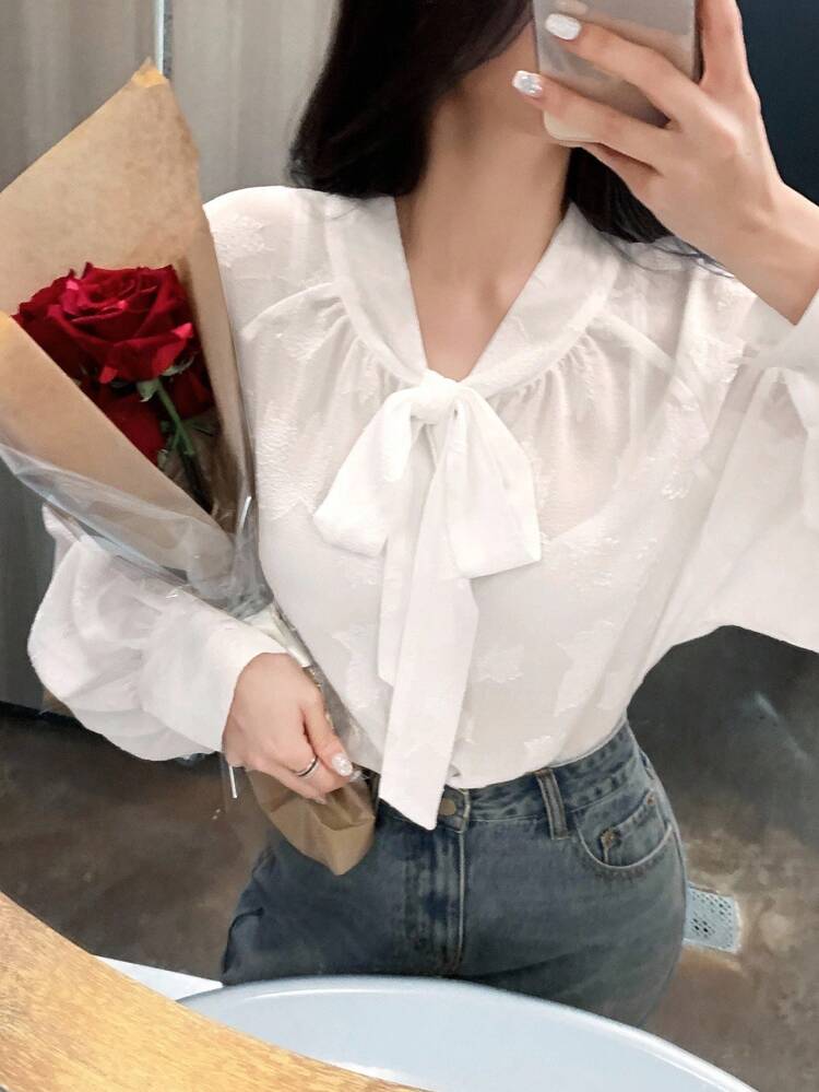 Women's Loose Fit Textured Fabric Long Sleeve Pullover Blouse With Tie Neck, Elegant Vintage Style, Autumn,Fall Women Clothes