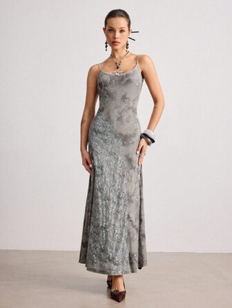 ROMWE Avant Elegante abito da donna stile neo-tradizionale cinese, con patchwork floccato, paillettes e coda di pesce