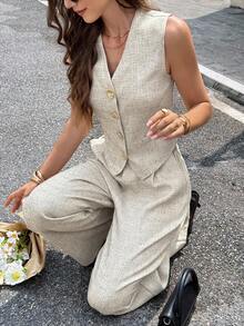 Serisse 女式V领无袖单排扣金属纽扣西装套装 - 杏色 - 查看 5