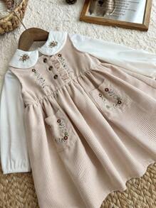 SHEIN 2 件套女婴幼儿 0-3 岁休闲日常乡村风格针织娃娃领衬衫和灯芯绒刺绣卡其色无袖连衣裙秋冬装 - 杏色 - 查看 8