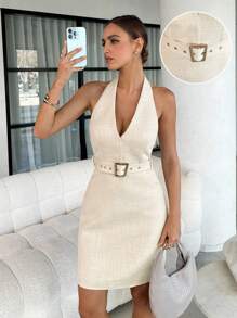 Lavishia Khaki Tweed Blend Sleeveless Metal Buckle Cinched Waist Fitted Mini Dress, Stylish Commuting Outfit