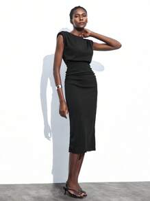 Maija Solid Shoulder Pad Ruched Waist Fitted Dress Workwear,Autumn Outfits For Women - Black - View 4