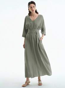 Aalyst Váy midi dáng chữ A tay 3/4 thanh lịch, tối giản, sang trọng, thời trang công sở, đi làm, đi biển, nghỉ dưỡng, lễ hội âm nhạc, cổ chữ V bằng sợi tre màu trơn, vai trễ, tay áo bó, thắt lưng eo cổ điển, khoen chữ D bằng kim loại, trang trí, dáng chữ A, tay áo 3/4, mùa xuân/hè - xanh quân đội - Xem 4