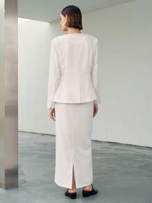 Uhlyne Fall Women Clothes Minimalist Collarless Jacket & A-Line Midi Skirt Linen Suit, Elegant Office Wear - White - View 4